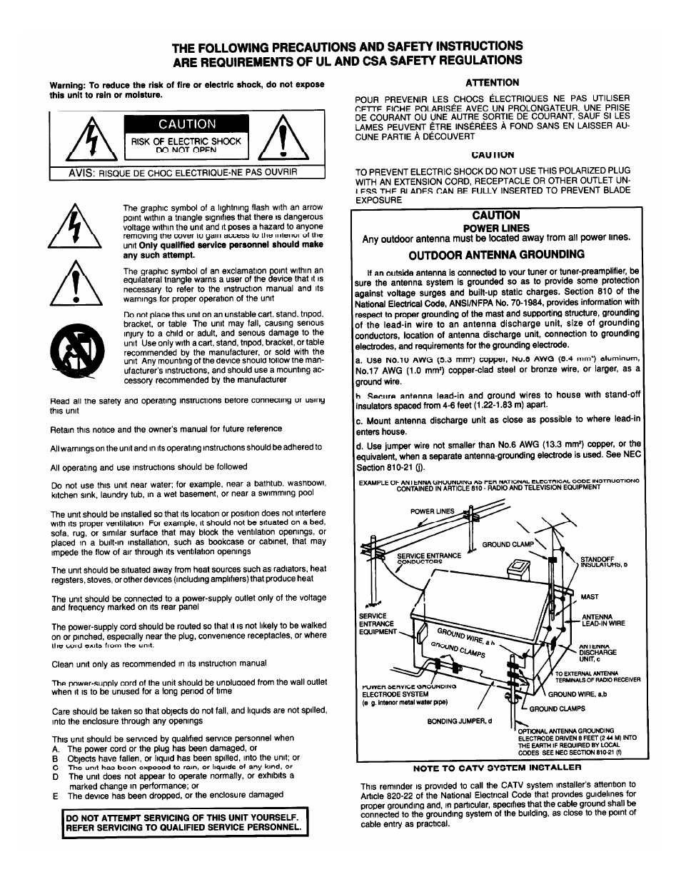 Caution, Attention, Power lines | Note to catv system installer | Adcom MOSFET GFA-5802 User Manual | Page 2 / 8