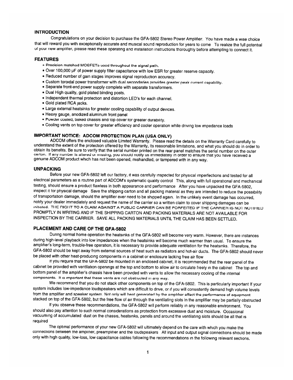 Introduction, Features, Important notice: adcom protection plan (usa only) | Unpacking, Placement and care of the gfa-5802 | Adcom MOSFET GFA-5802 User Manual | Page 3 / 8