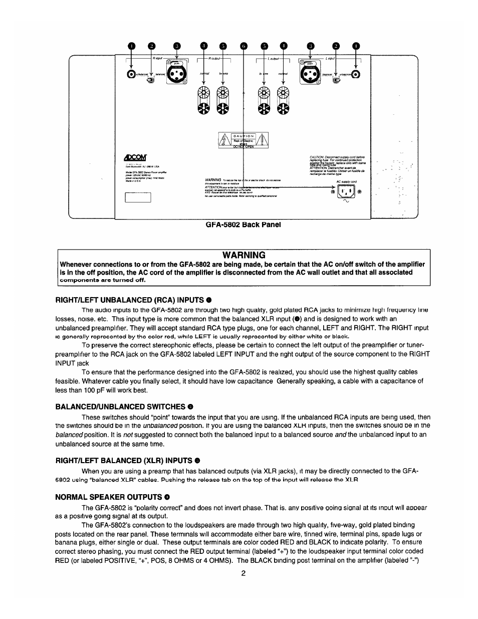 Warning, Right/left unbalanced (rca) inputs o, Balanced/unblanced switches o | Right/left balanced (xlr) inputs o, Normal speaker outputs o | Adcom MOSFET GFA-5802 User Manual | Page 4 / 8