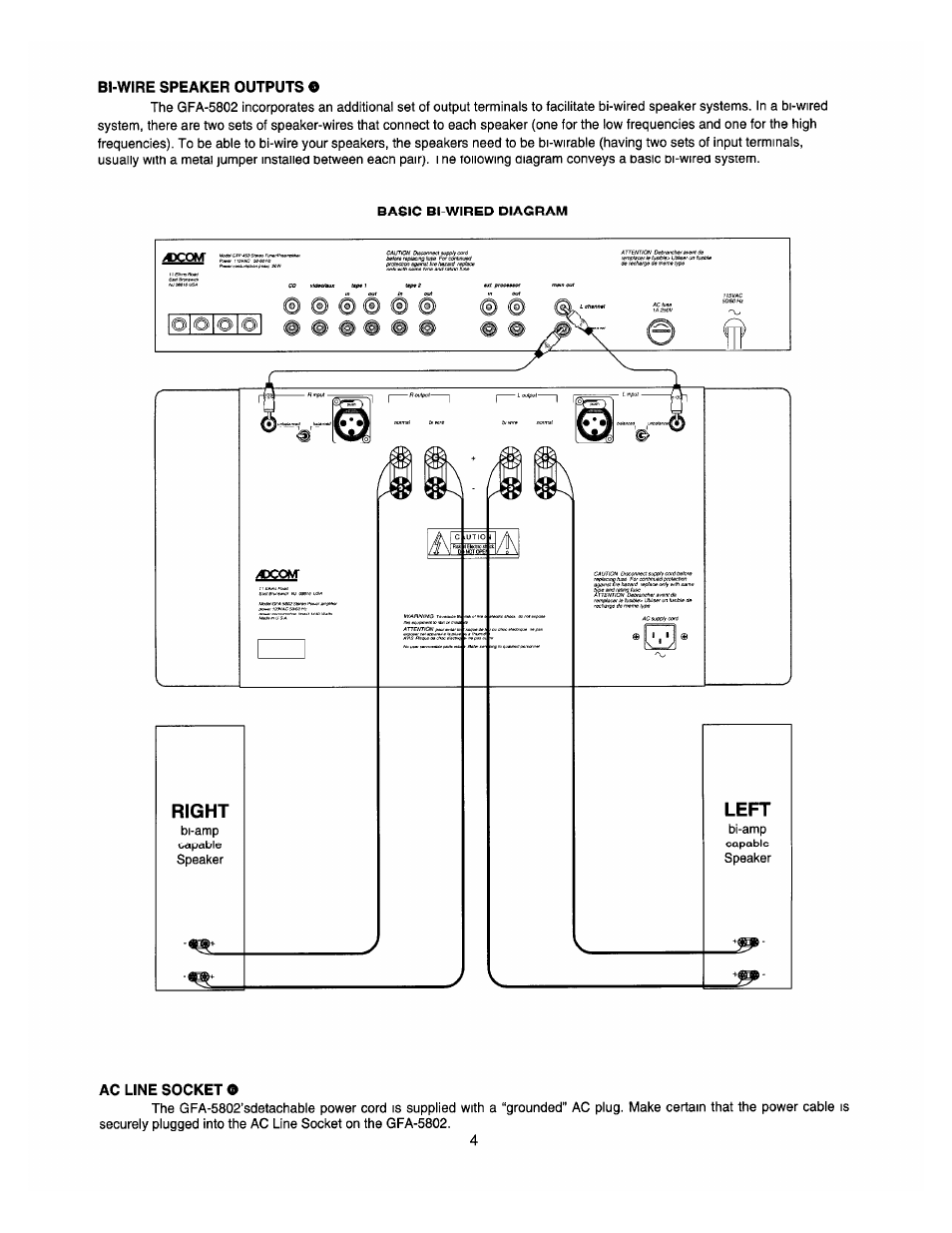 Bi-wire speaker outputs o, Ac line socket o | Adcom MOSFET GFA-5802 User Manual | Page 6 / 8