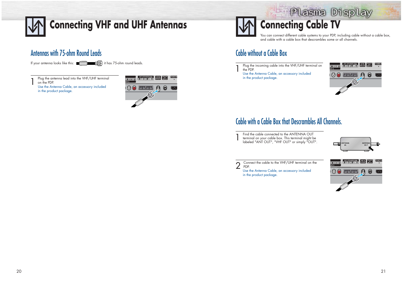 Antennas with 75-ohm round leads, Cable without a cable box | Samsung HPN4239X-XAC User Manual | Page 11 / 52