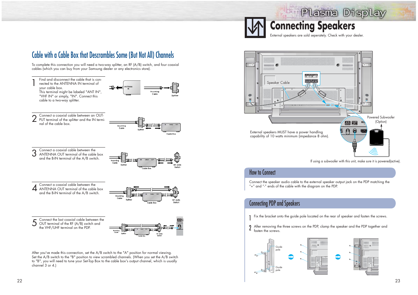 Connecting speakers, How to connect connecting pdp and speakers | Samsung HPN4239X-XAC User Manual | Page 12 / 52