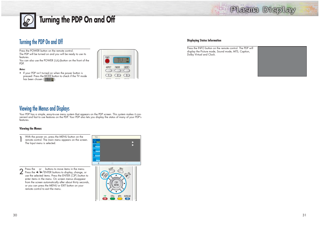 Turning the pdp on and off, Viewing the menus and displays | Samsung HPN4239X-XAC User Manual | Page 16 / 52