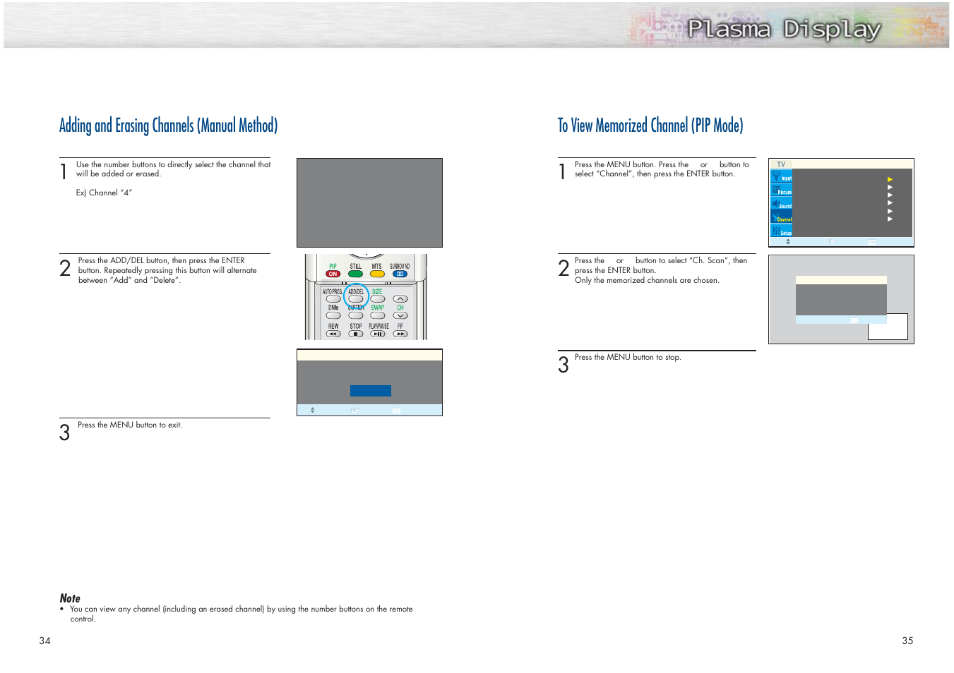 Adding and erasing channels (manual method) | Samsung HPN4239X-XAC User Manual | Page 18 / 52