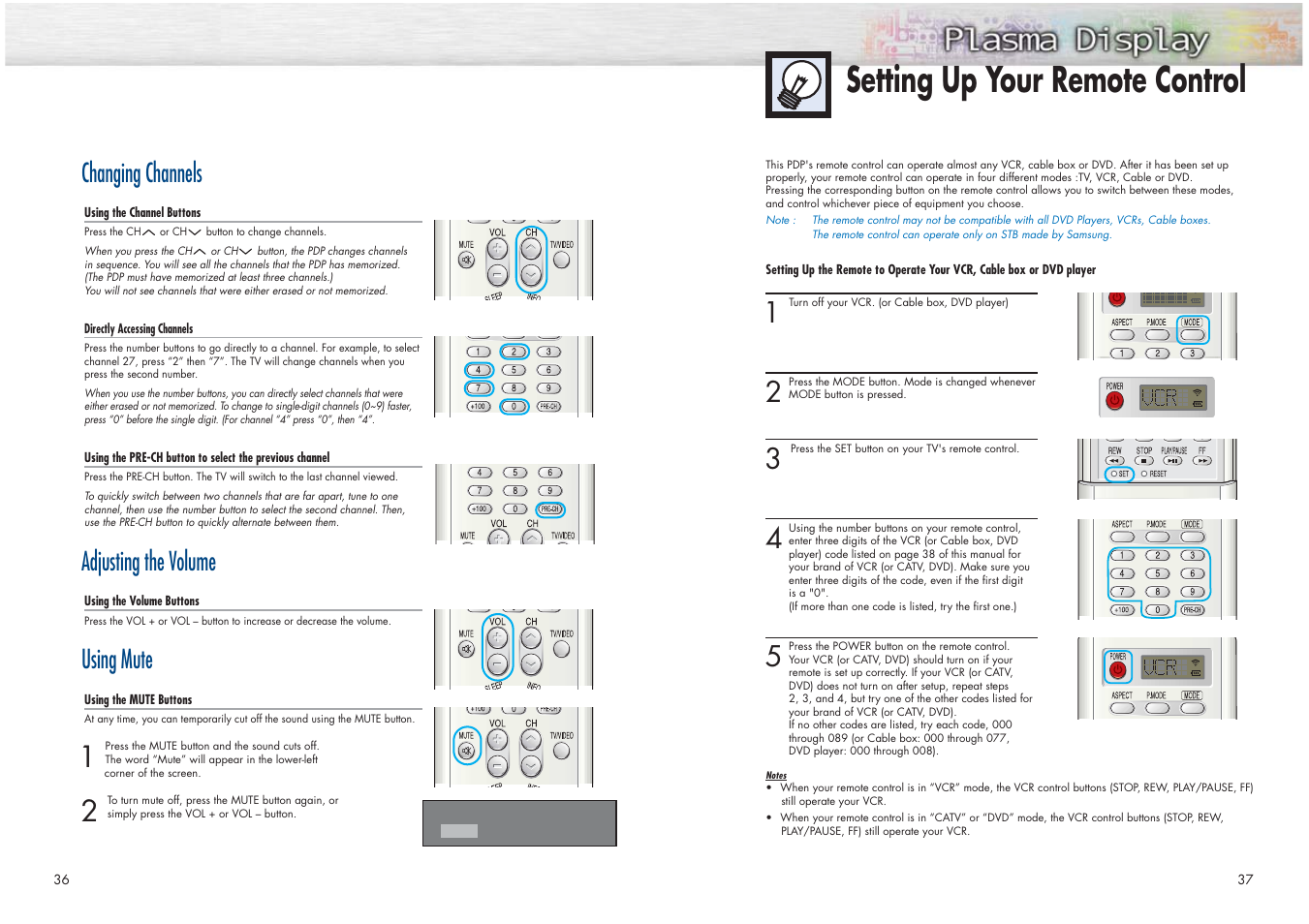 Setting up your remote control, Changing channels, Adjusting the volume | Using mute | Samsung HPN4239X-XAC User Manual | Page 19 / 52