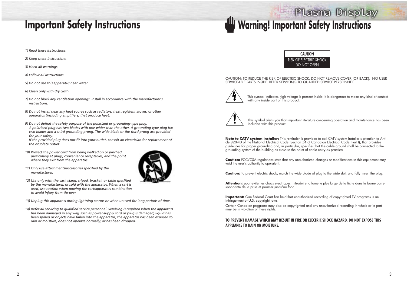 Warning! important safety instructions, Important safety instructions | Samsung HPN4239X-XAC User Manual | Page 2 / 52