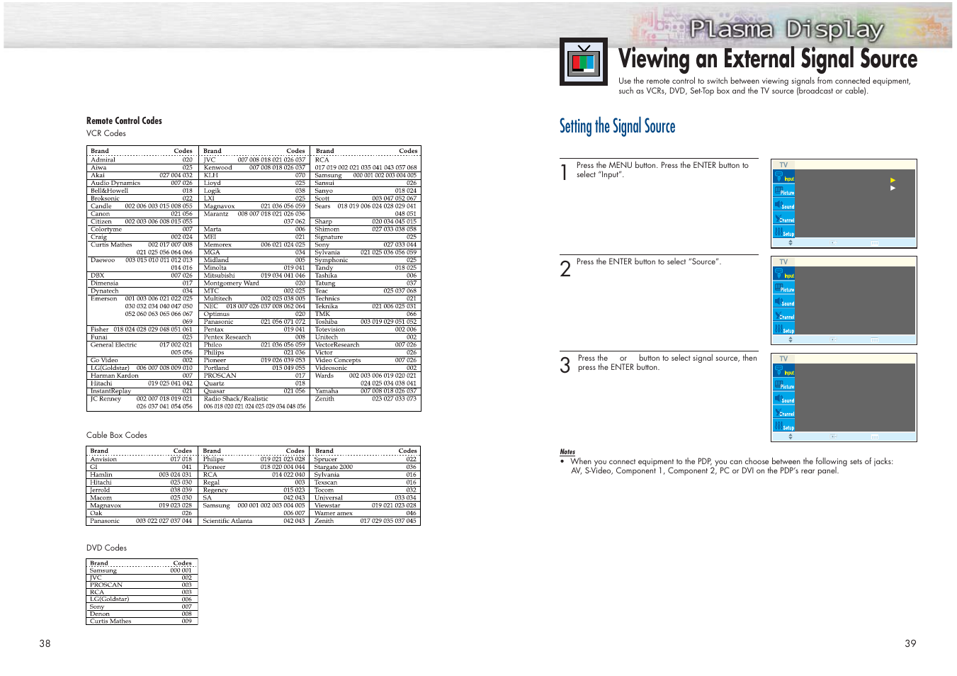 Viewing an external signal source, Setting the signal source | Samsung HPN4239X-XAC User Manual | Page 20 / 52