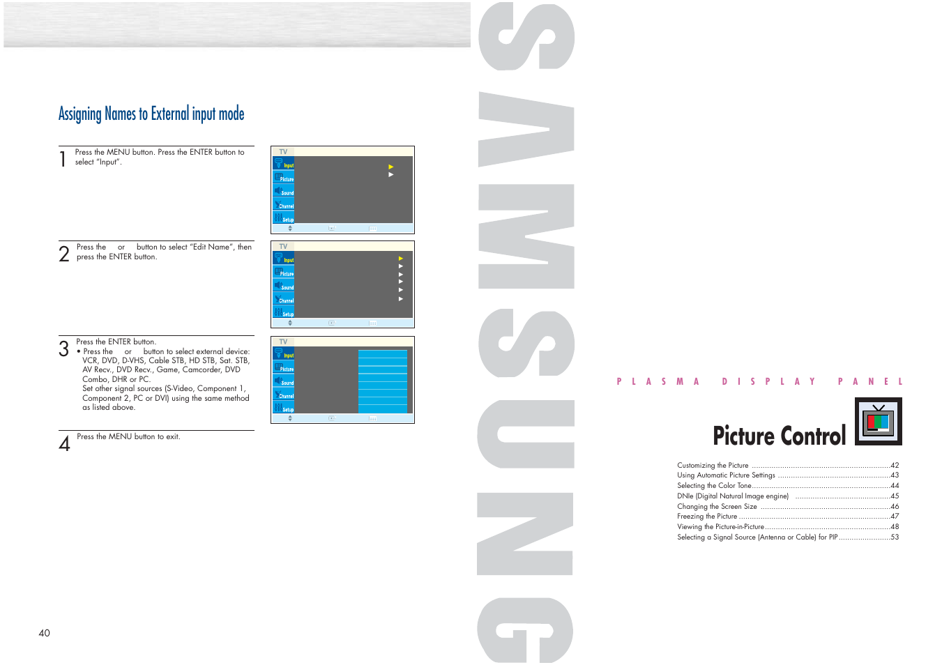 Picture control, Assigning names to external input mode | Samsung HPN4239X-XAC User Manual | Page 21 / 52