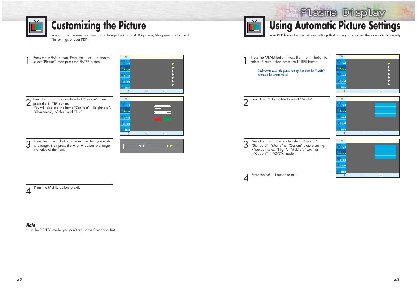 Customizing the picture, Using automatic picture settings | Samsung HPN4239X-XAC User Manual | Page 22 / 52