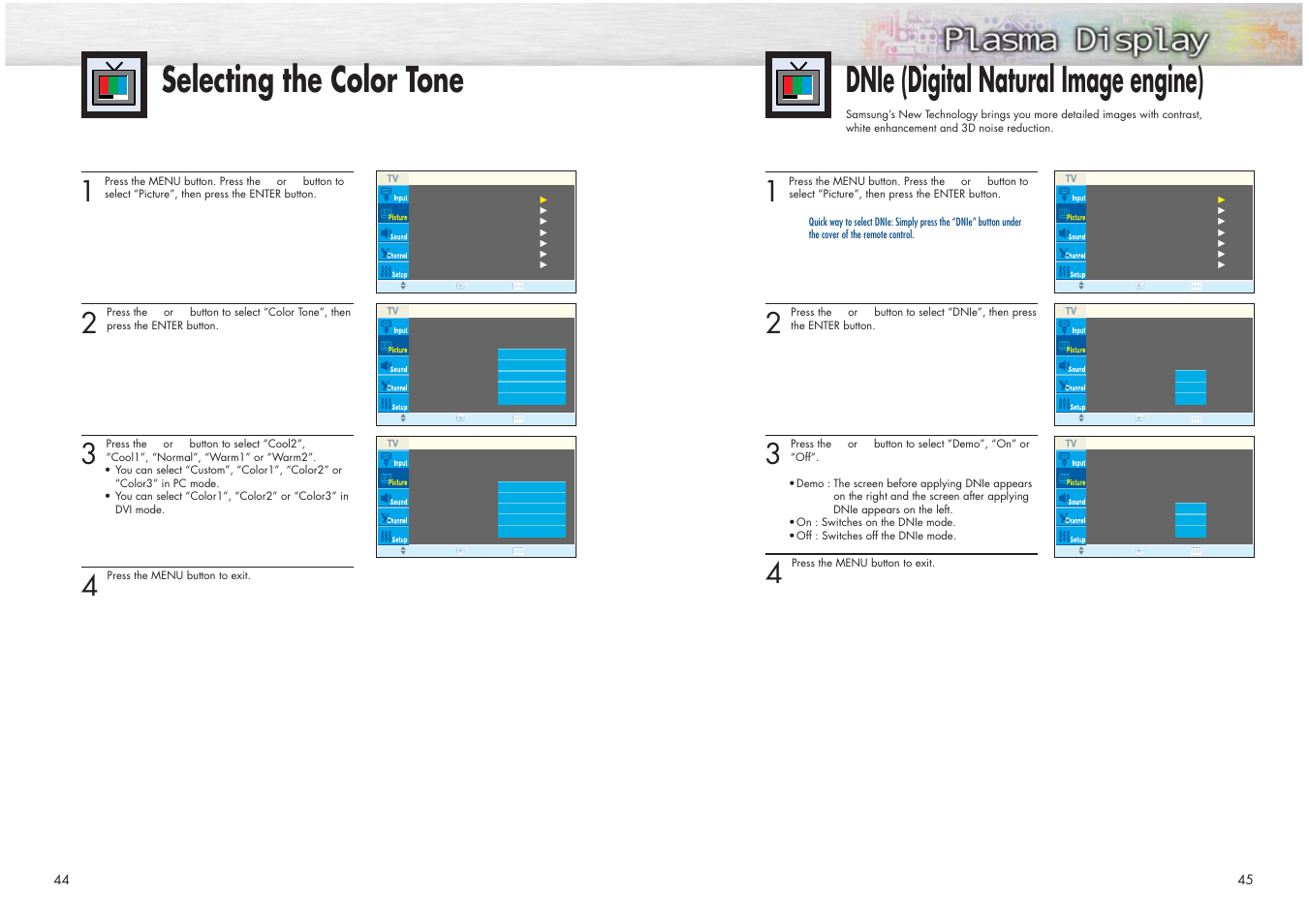 Selecting the color tone, Dnie (digital natural image engine) | Samsung HPN4239X-XAC User Manual | Page 23 / 52