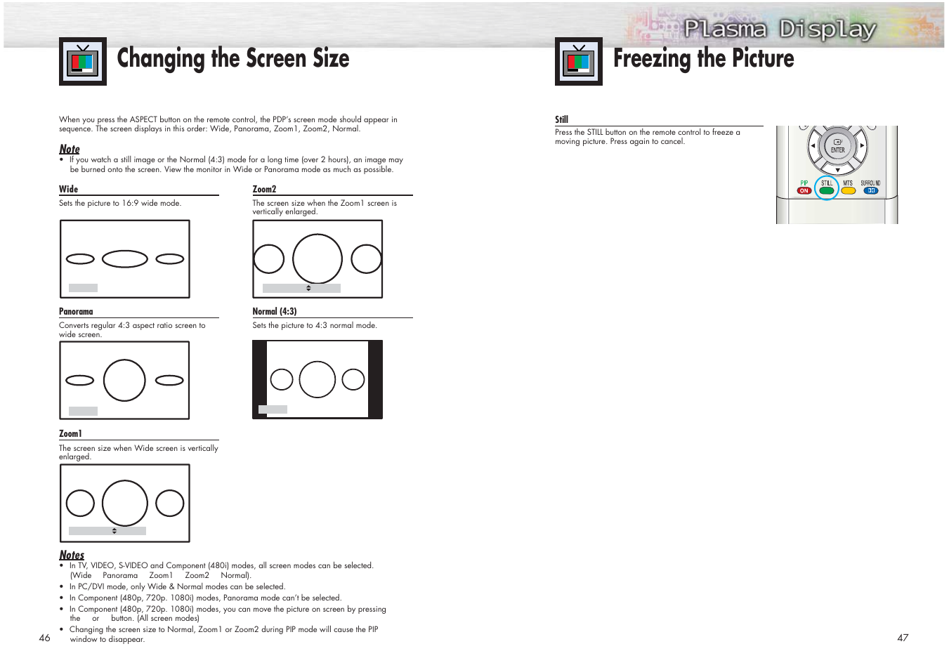 Freezing the picture, Changing the screen size | Samsung HPN4239X-XAC User Manual | Page 24 / 52