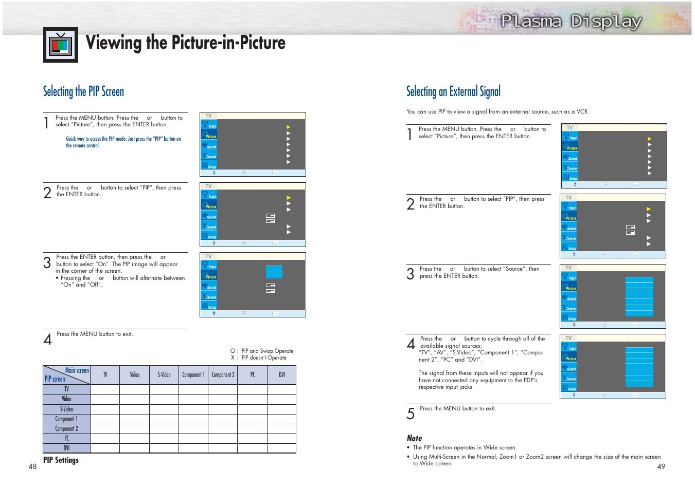 Viewing the picture-in-picture, Selecting an external signal, Selecting the pip screen | Pip settings pip screen main screen | Samsung HPN4239X-XAC User Manual | Page 25 / 52