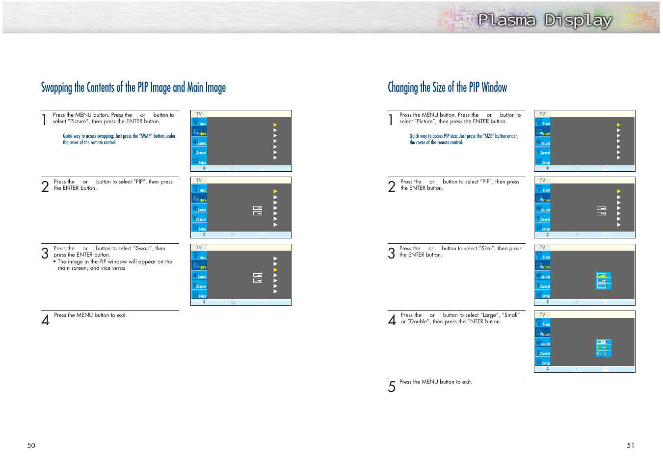 Changing the size of the pip window | Samsung HPN4239X-XAC User Manual | Page 26 / 52