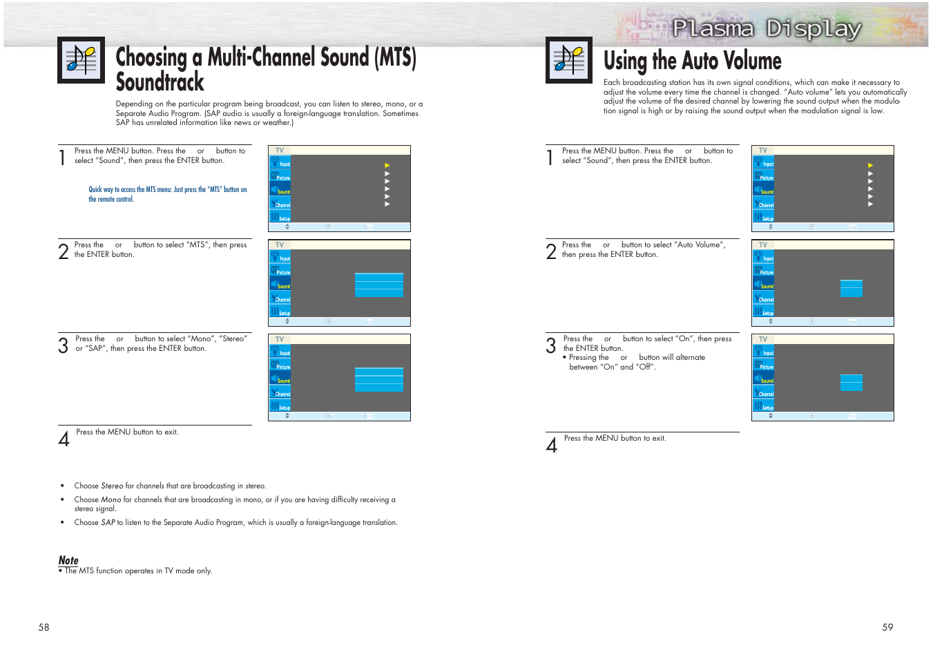 Using the auto volume, Choosing a multi-channel sound (mts) soundtrack | Samsung HPN4239X-XAC User Manual | Page 30 / 52