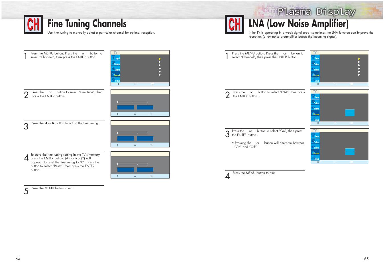 Fine tuning channels, Lna (low noise amplifier) | Samsung HPN4239X-XAC User Manual | Page 33 / 52