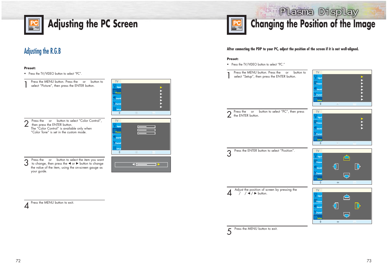 Adjusting the pc screen, Changing the position of the image, Adjusting the r.g.b | Samsung HPN4239X-XAC User Manual | Page 37 / 52