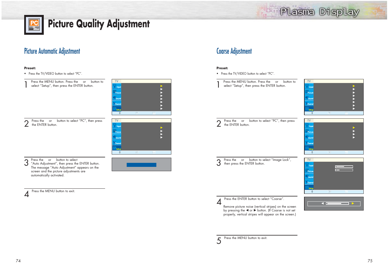 Picture quality adjustment, Picture automatic adjustment, Coarse adjustment | Samsung HPN4239X-XAC User Manual | Page 38 / 52