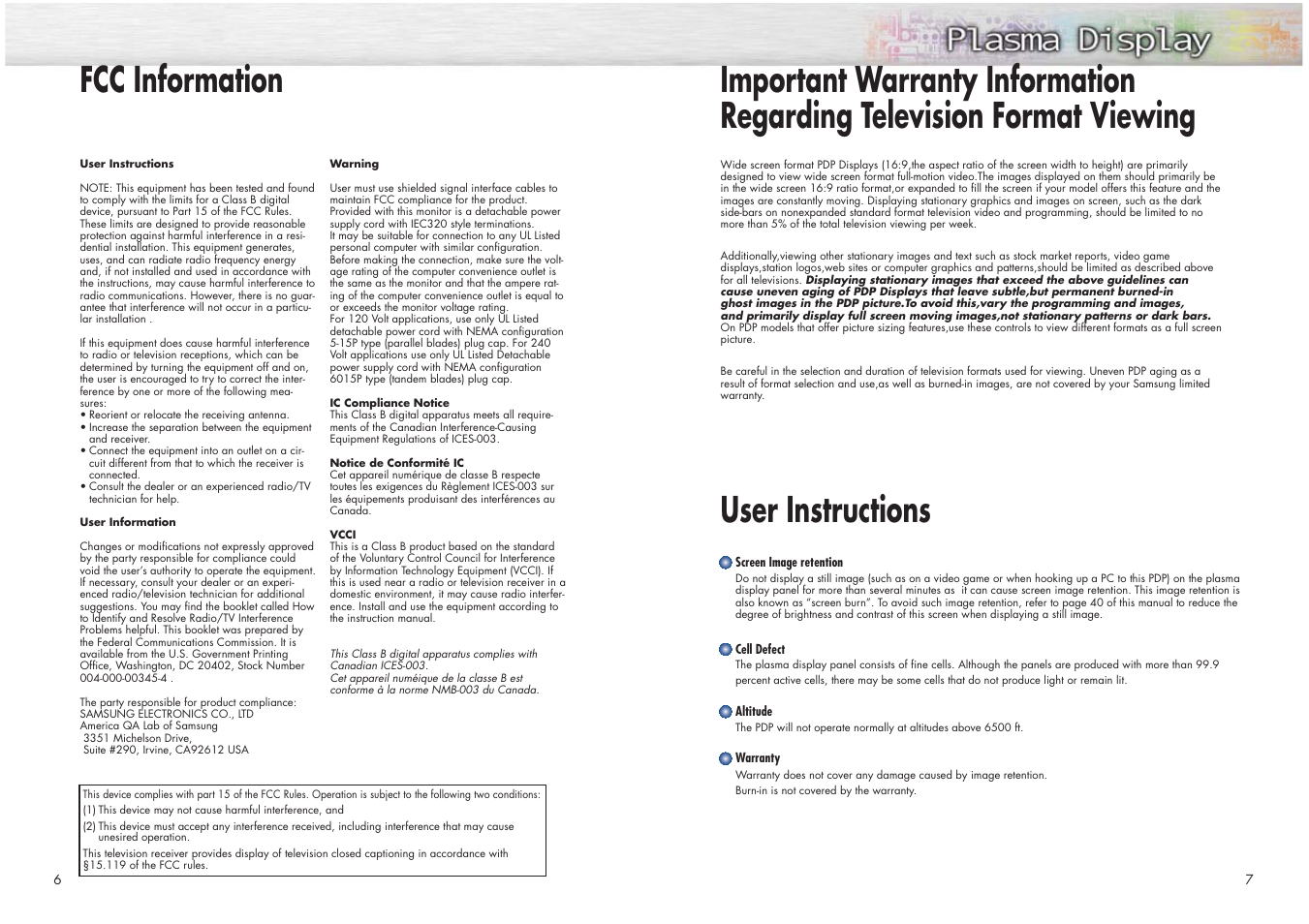 Fcc information | Samsung HPN4239X-XAC User Manual | Page 4 / 52
