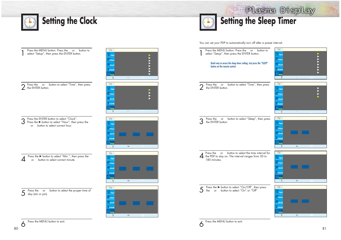 Setting the clock, Setting the sleep timer | Samsung HPN4239X-XAC User Manual | Page 41 / 52