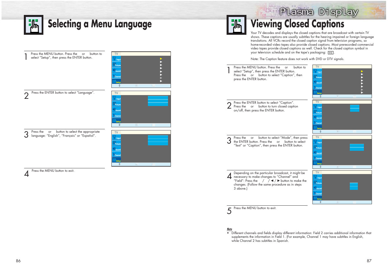 Selecting a menu language, Viewing closed captions | Samsung HPN4239X-XAC User Manual | Page 44 / 52