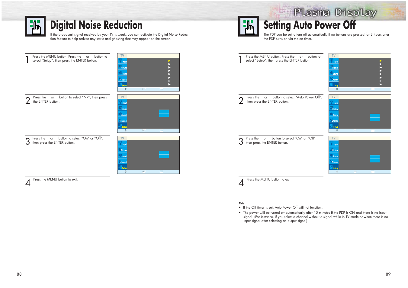 Digital noise reduction, Setting auto power off | Samsung HPN4239X-XAC User Manual | Page 45 / 52