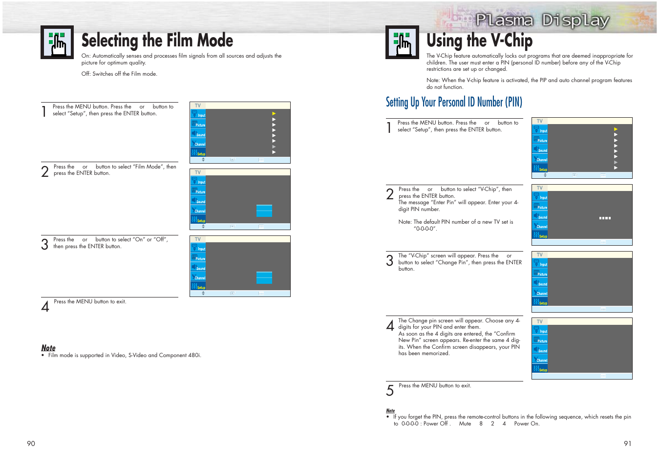 Using the v-chip, Selecting the film mode, Setting up your personal id number (pin) | Samsung HPN4239X-XAC User Manual | Page 46 / 52