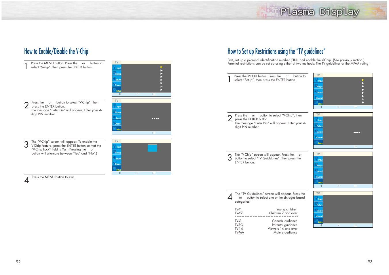 How to enable/disable the v-chip | Samsung HPN4239X-XAC User Manual | Page 47 / 52