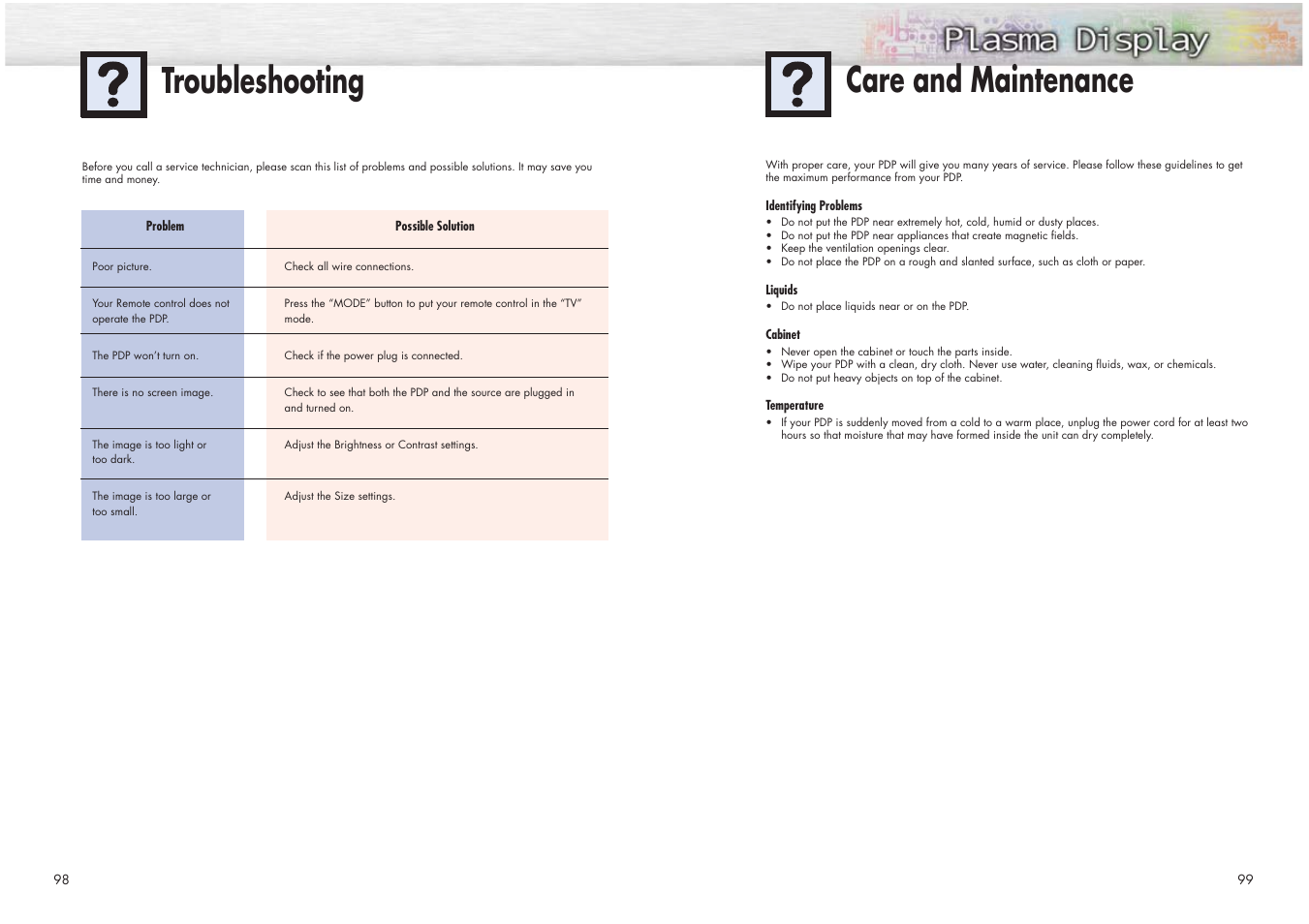 Troubleshooting, Care and maintenance | Samsung HPN4239X-XAC User Manual | Page 50 / 52