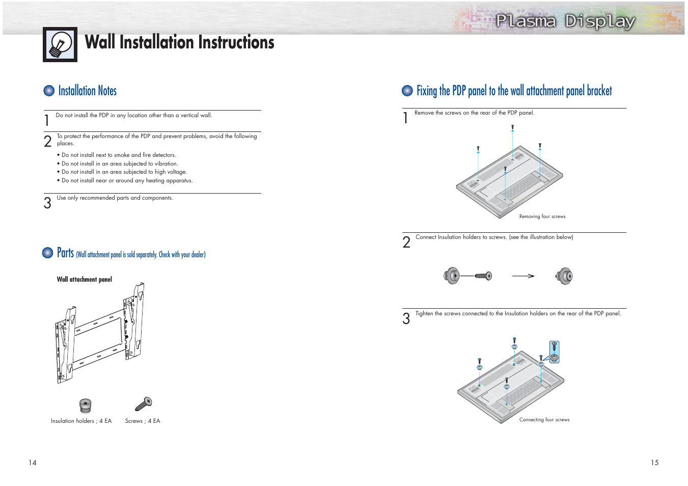 Wall installation instructions | Samsung HPN4239X-XAC User Manual | Page 8 / 52