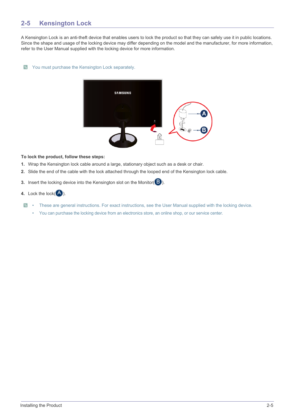 5 kensington lock, Kensington lock -5 | Samsung LS27A550HS-ZA User Manual | Page 19 / 58