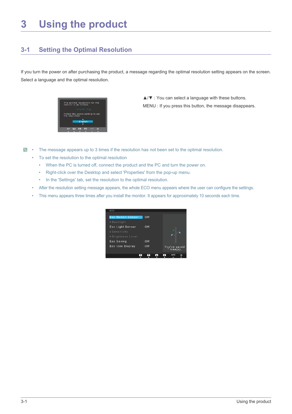 3 using the product, 1 setting the optimal resolution, Using the product | Setting the optimal resolution -1, 3using the product | Samsung LS27A550HS-ZA User Manual | Page 20 / 58