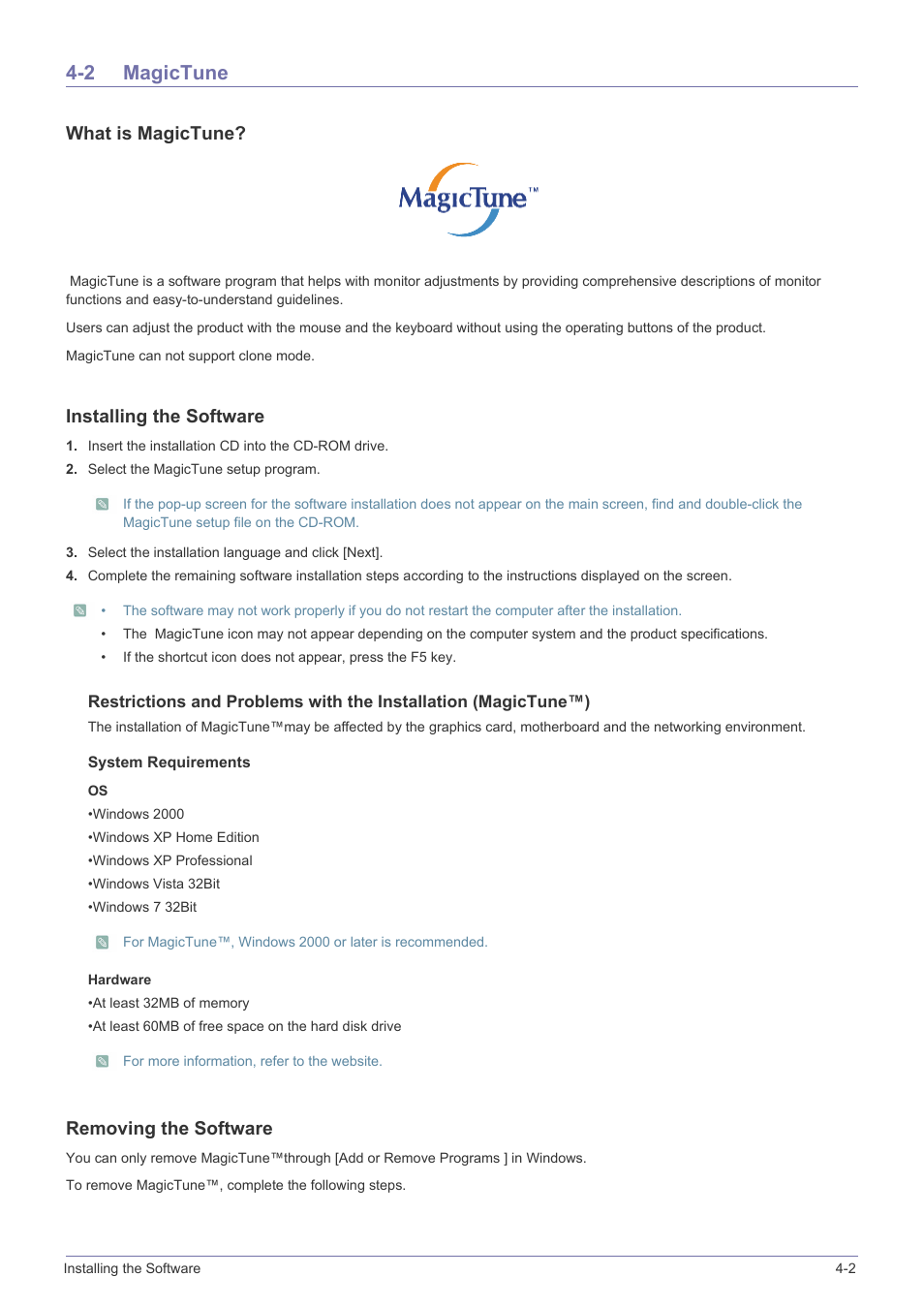 2 magictune, Magictune -2, What is magictune | Installing the software, Removing the software | Samsung LS27A550HS-ZA User Manual | Page 41 / 58