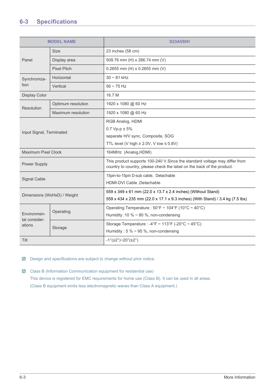 3 specifications, Specifications -3 | Samsung LS27A550HS-ZA User Manual | Page 50 / 58