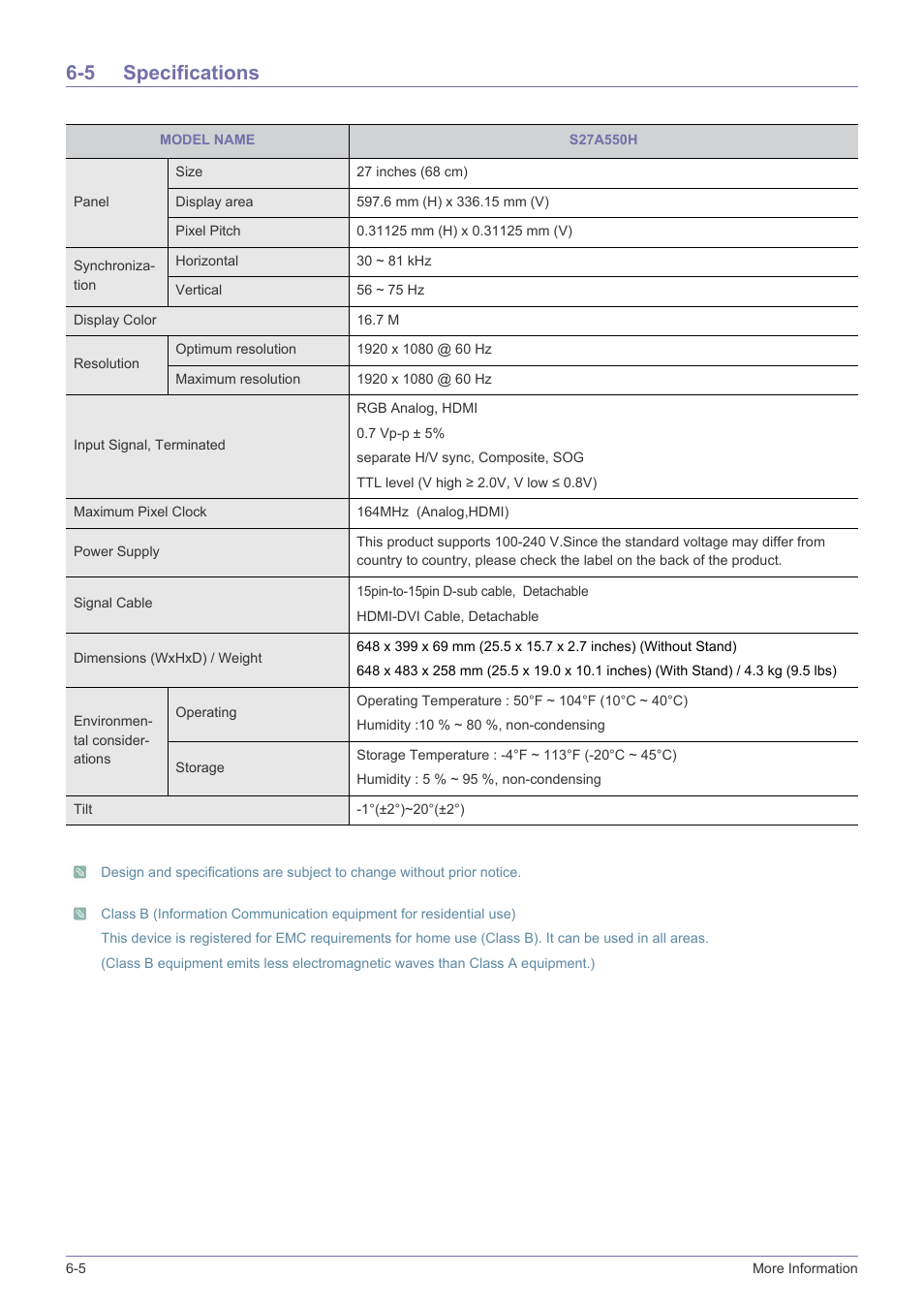 5 specifications, Specifications -5 | Samsung LS27A550HS-ZA User Manual | Page 52 / 58