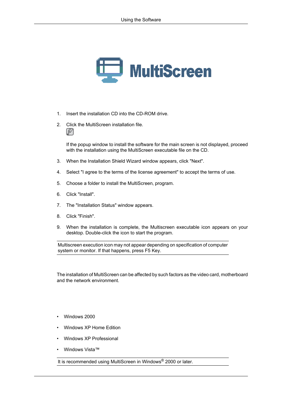 Multiscreen, Installation, Installation problems | System requirements | Samsung LS20CMYKF-ZM User Manual | Page 28 / 89