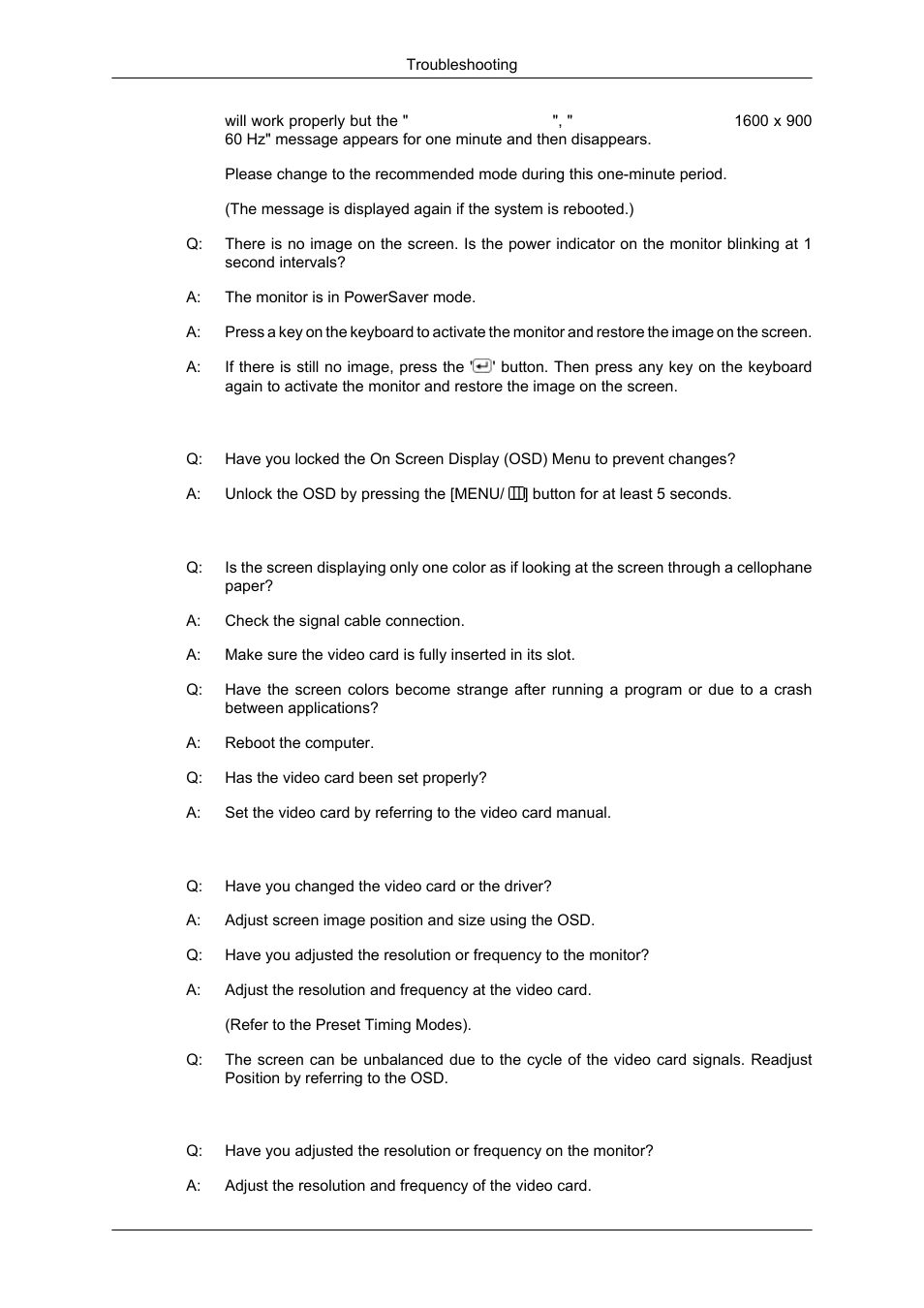 I cannot see the on screen display, The screen suddenly has become unbalanced | Samsung LS20CMYKF-ZM User Manual | Page 57 / 89
