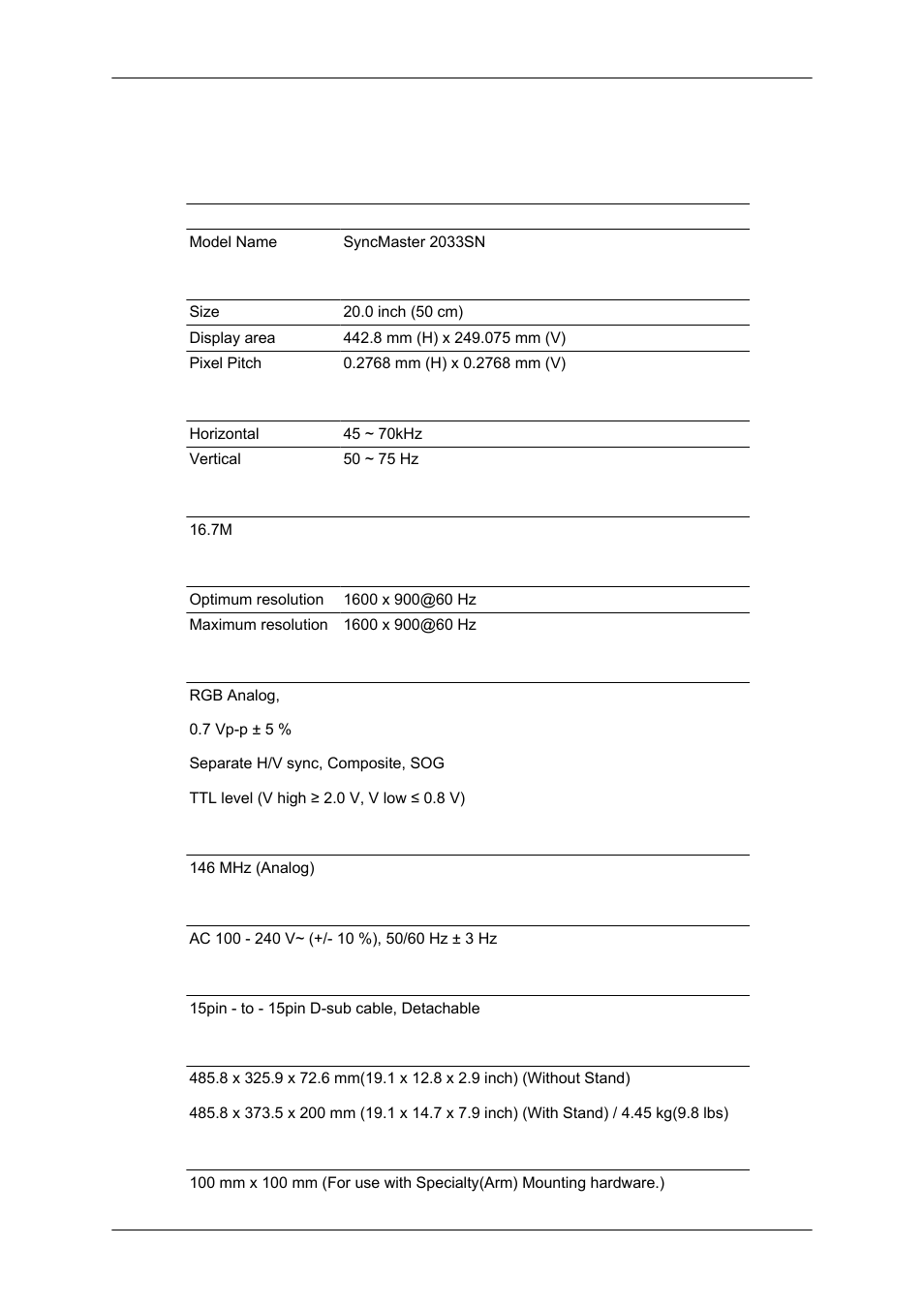 Specifications, General | Samsung LS20CMYKF-ZM User Manual | Page 67 / 89