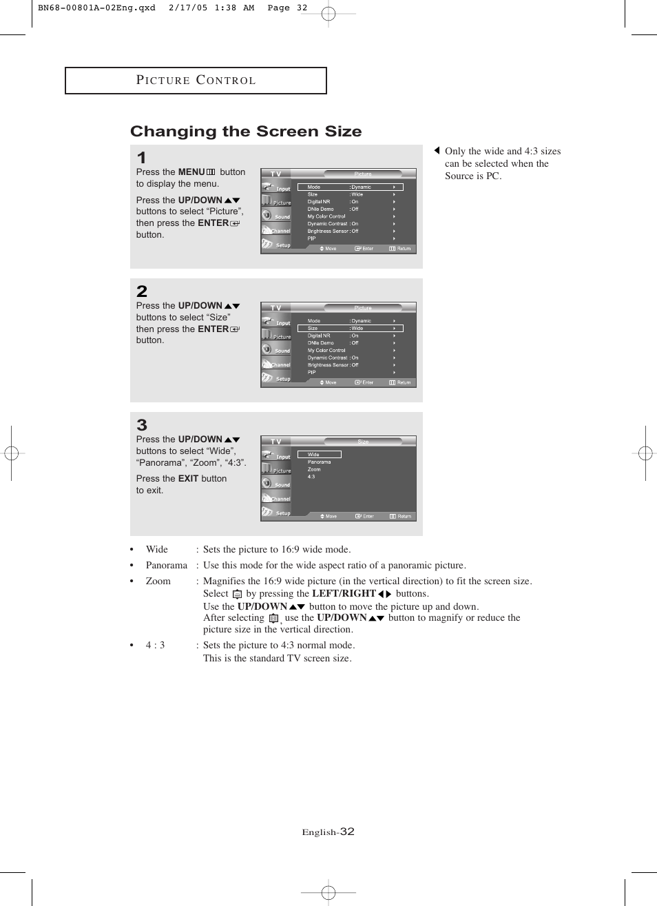 Changing the screen size | Samsung LNR238WX-XAA User Manual | Page 37 / 88