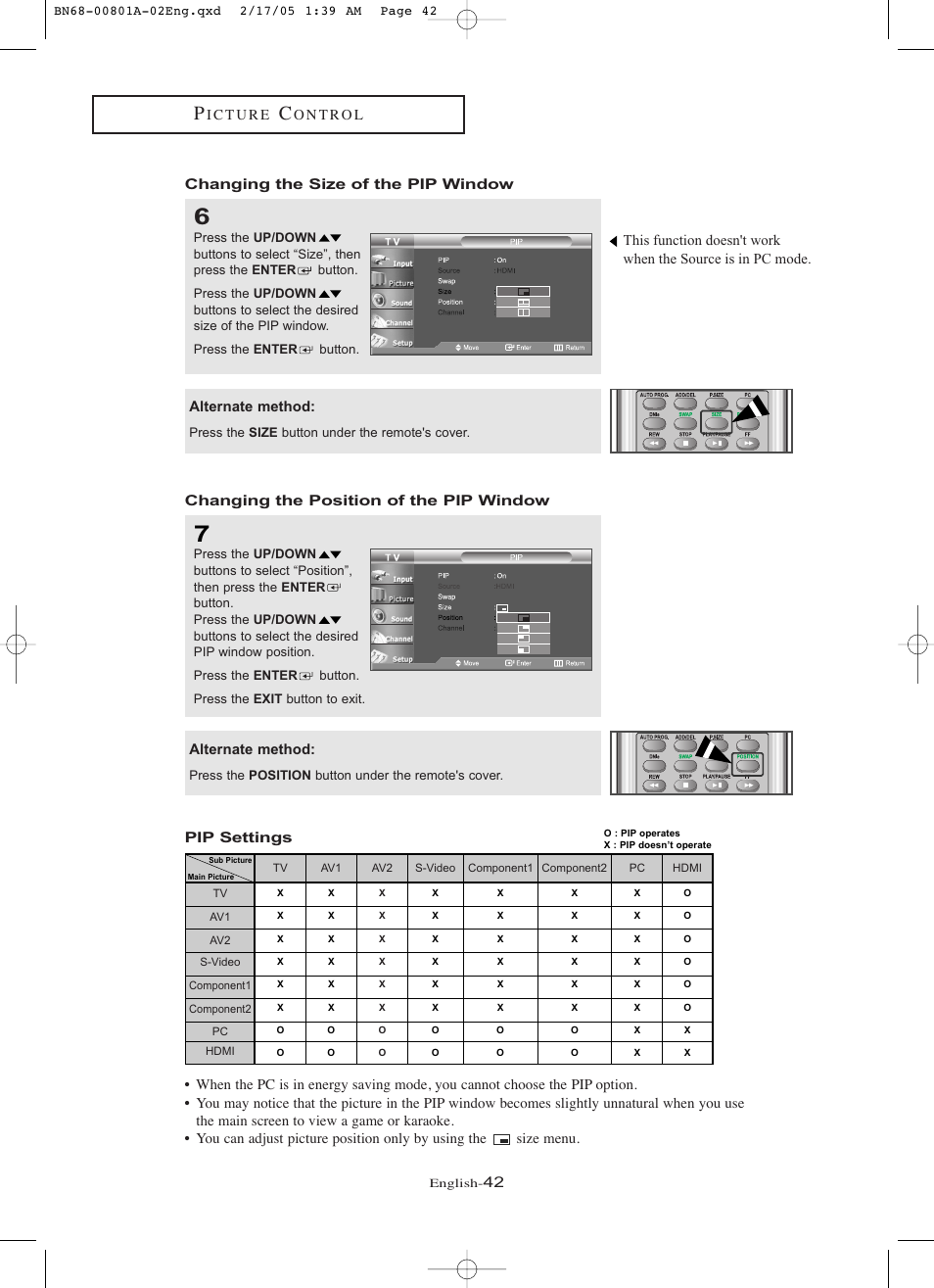 Changing the size of the pipwindow, Changing the position of the pipwindow, Pip settings | Changing the size of the pip window, Alternate method | Samsung LNR238WX-XAA User Manual | Page 47 / 88