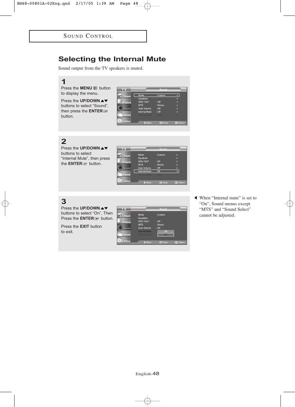 Selecting the internal mute | Samsung LNR238WX-XAA User Manual | Page 53 / 88
