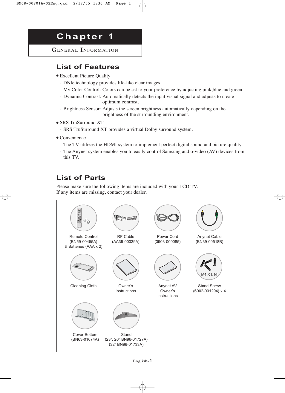 List of features, List of parts | Samsung LNR238WX-XAA User Manual | Page 6 / 88