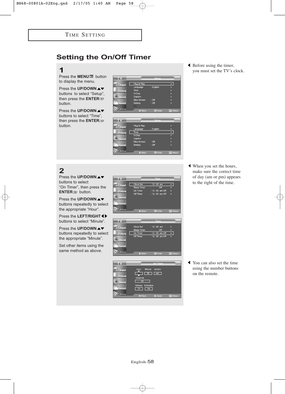 Setting the on/off timer | Samsung LNR238WX-XAA User Manual | Page 63 / 88