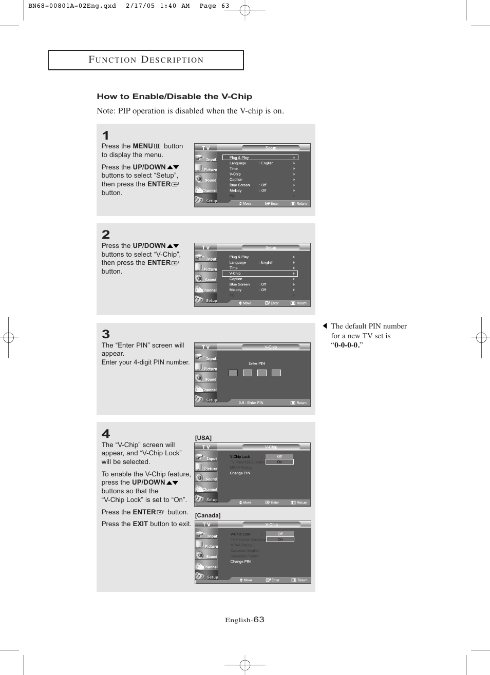 How to enable/disable the v-chip | Samsung LNR238WX-XAA User Manual | Page 68 / 88