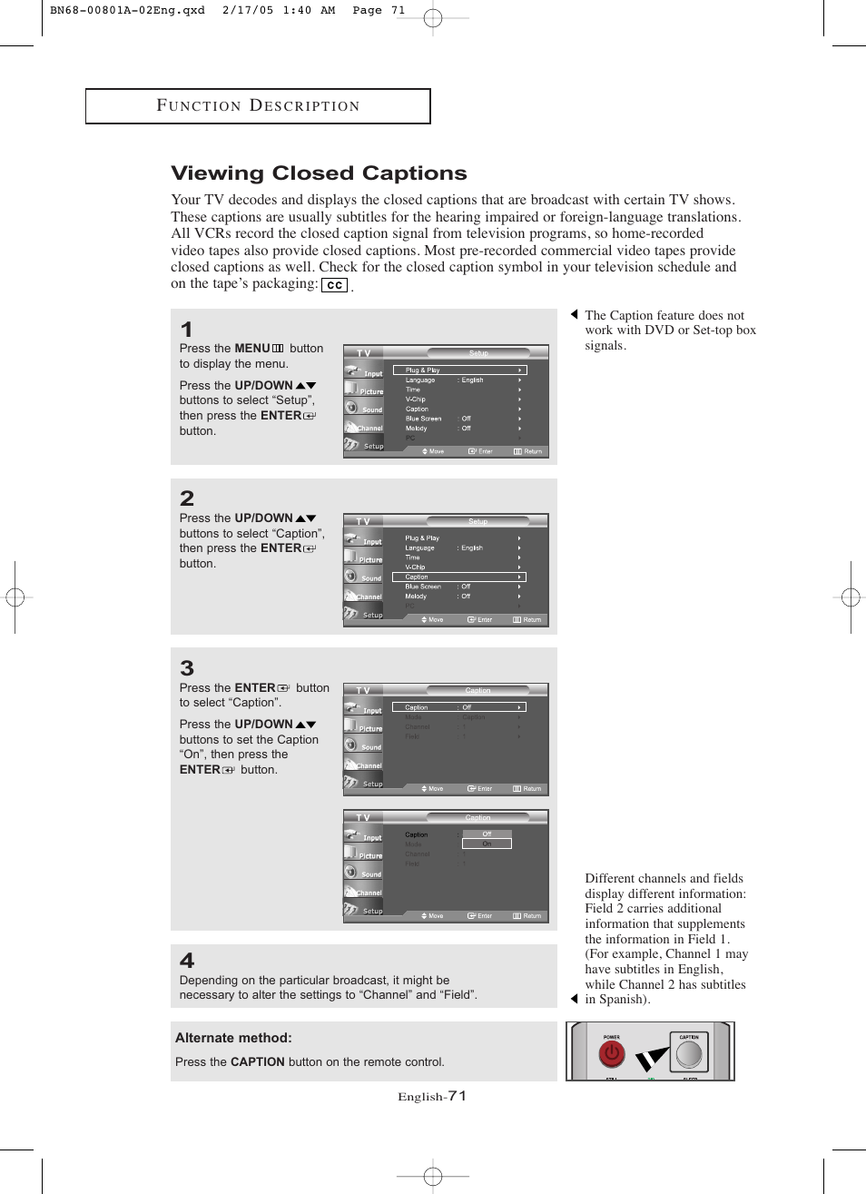 Viewing closed captions | Samsung LNR238WX-XAA User Manual | Page 76 / 88