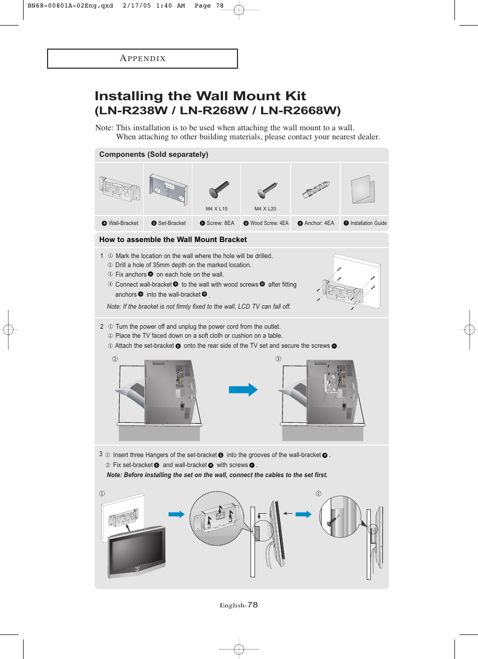 Installing the wall mount kit | Samsung LNR238WX-XAA User Manual | Page 83 / 88