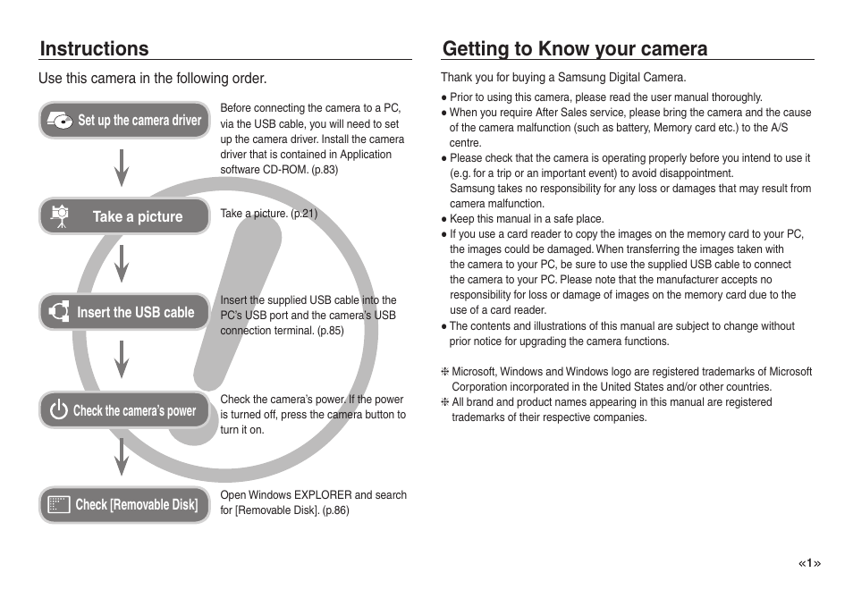 Instructions getting to know your camera | Samsung EC-NV30ZSBA-US User Manual | Page 2 / 100