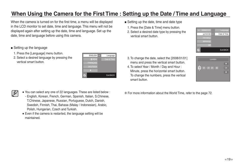 Setting up the date, time and date type | Samsung EC-NV30ZSBA-US User Manual | Page 20 / 100