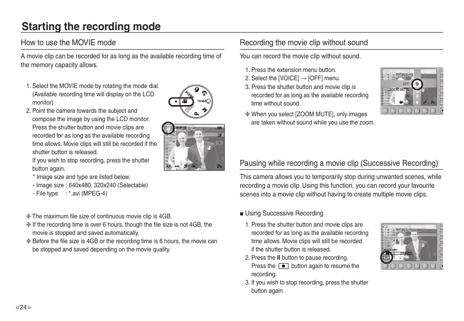 Starting the recording mode, How to use the movie mode, Recording the movie clip without sound | Samsung EC-NV30ZSBA-US User Manual | Page 25 / 100