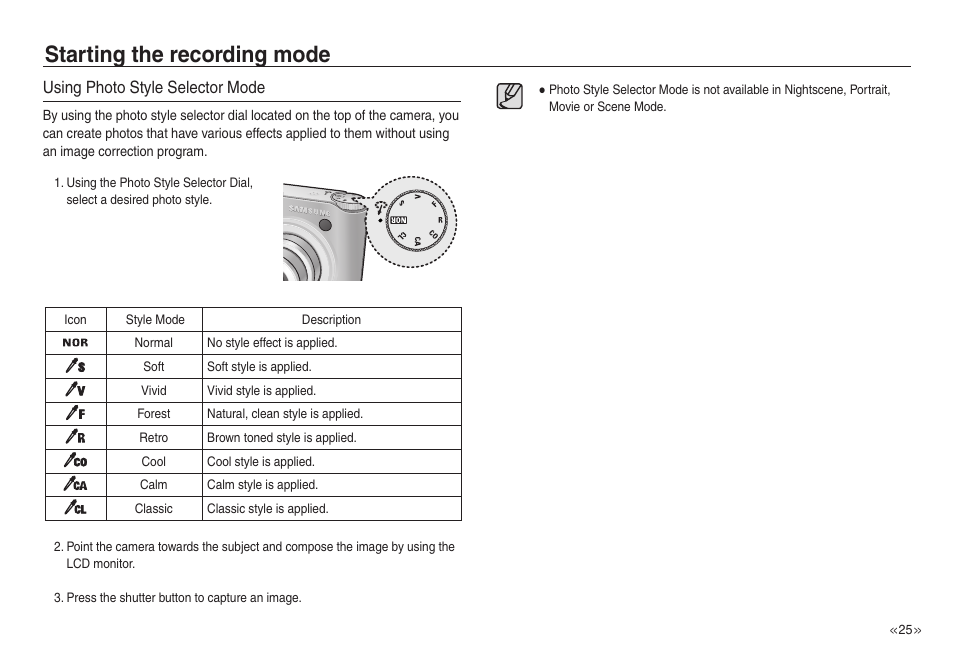 Starting the recording mode, Using photo style selector mode | Samsung EC-NV30ZSBA-US User Manual | Page 26 / 100