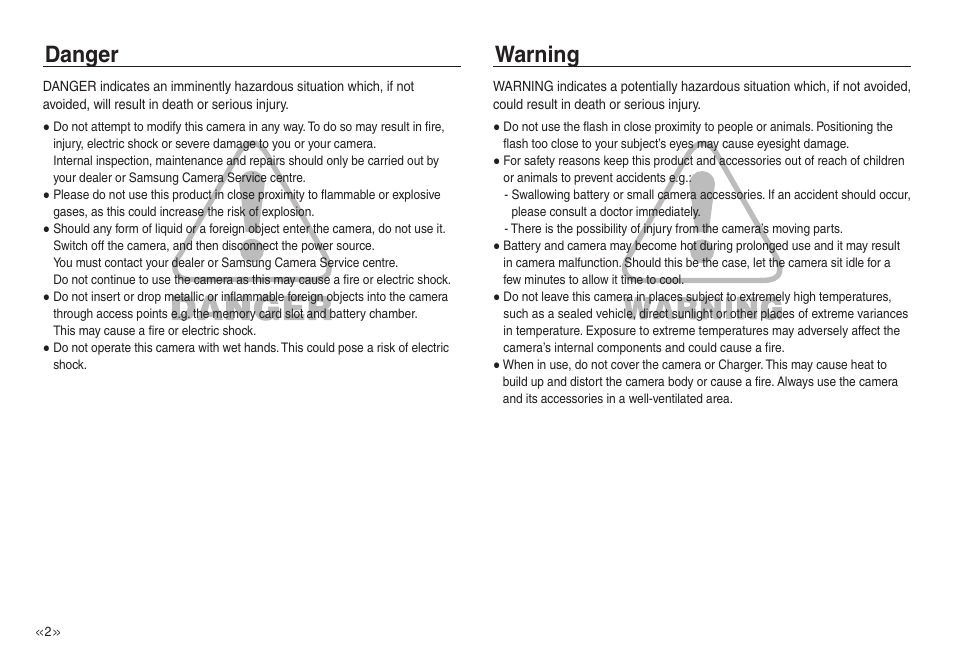 Danger warning | Samsung EC-NV30ZSBA-US User Manual | Page 3 / 100